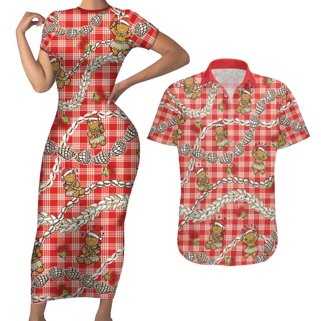 Red Palaka Hawaii Mele Kalikimaka Couples Matching Short Sleeve Bodycon Dress and Hawaiian Shirt Ohia Lehua Shell Leis Funny Gingerbread Santa - Polynesian Pride