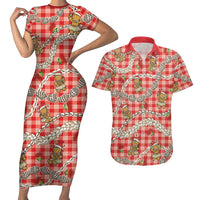Red Palaka Hawaii Mele Kalikimaka Couples Matching Short Sleeve Bodycon Dress and Hawaiian Shirt Ohia Lehua Shell Leis Funny Gingerbread Santa LT14 Red - Polynesian Pride