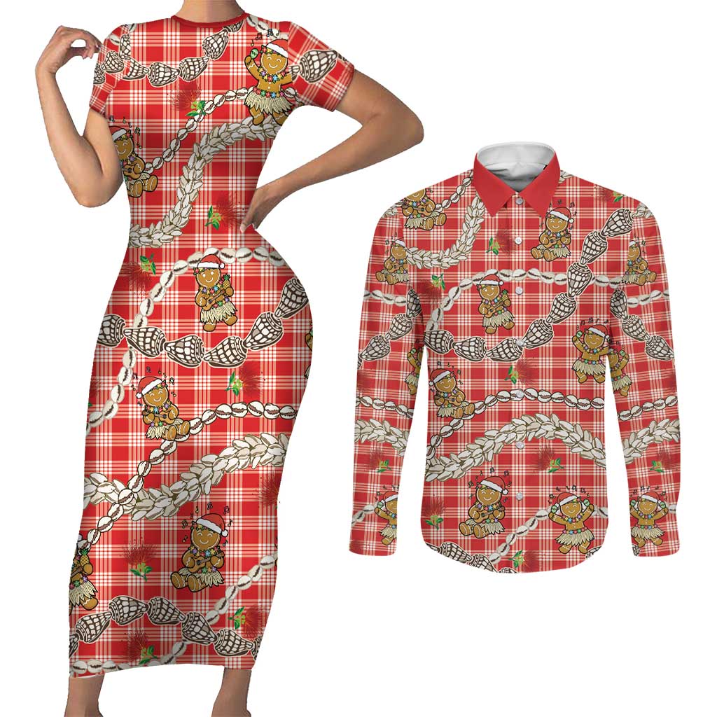 Red Palaka Hawaii Mele Kalikimaka Couples Matching Short Sleeve Bodycon Dress and Long Sleeve Button Shirt Ohia Lehua Shell Leis Funny Gingerbread Santa LT14 Red - Polynesian Pride