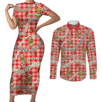 Red Palaka Hawaii Mele Kalikimaka Couples Matching Short Sleeve Bodycon Dress and Long Sleeve Button Shirt Ohia Lehua Shell Leis Funny Gingerbread Santa LT14 Red - Polynesian Pride