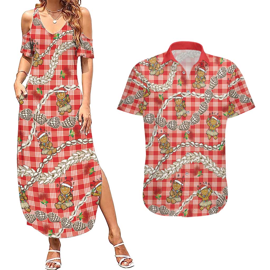 Red Palaka Hawaii Mele Kalikimaka Couples Matching Summer Maxi Dress and Hawaiian Shirt Ohia Lehua Shell Leis Funny Gingerbread Santa LT14 Red - Polynesian Pride