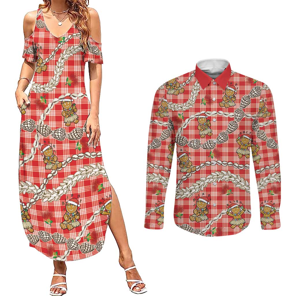 Red Palaka Hawaii Mele Kalikimaka Couples Matching Summer Maxi Dress and Long Sleeve Button Shirt Ohia Lehua Shell Leis Funny Gingerbread Santa - Polynesian Pride
