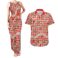 Red Palaka Hawaii Mele Kalikimaka Couples Matching Tank Maxi Dress and Hawaiian Shirt Ohia Lehua Shell Leis Funny Gingerbread Santa LT14 Red - Polynesian Pride