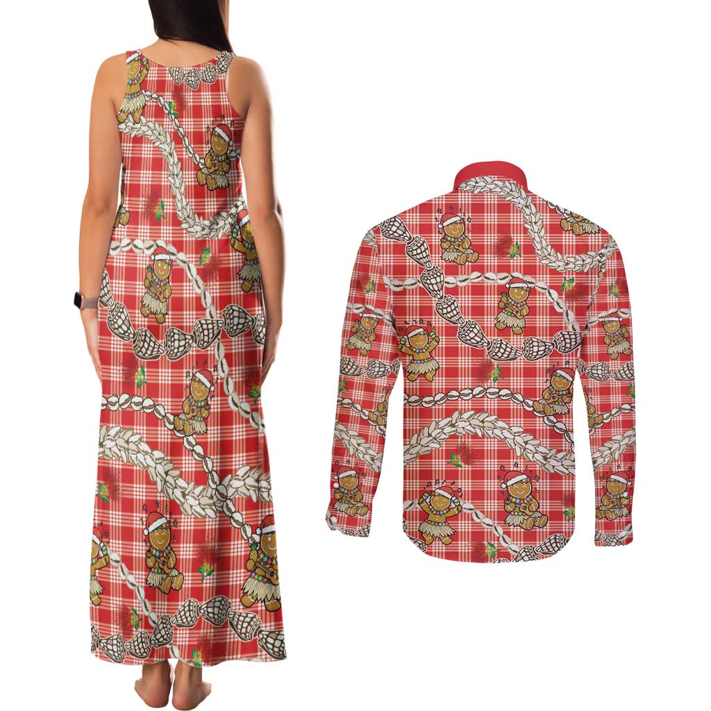 Red Palaka Hawaii Mele Kalikimaka Couples Matching Tank Maxi Dress and Long Sleeve Button Shirt Ohia Lehua Shell Leis Funny Gingerbread Santa LT14 - Polynesian Pride
