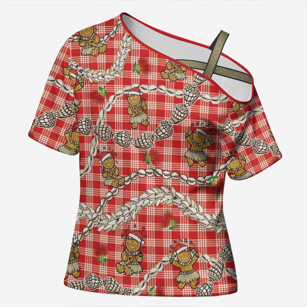Red Palaka Hawaii Mele Kalikimaka Cross Shoulder Shirt Ohia Lehua Shell Leis Funny Gingerbread Santa - Polynesian Pride