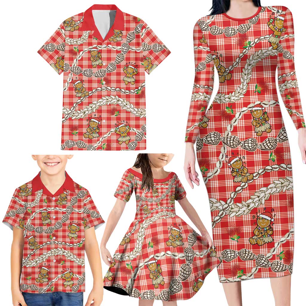 Red Palaka Hawaii Mele Kalikimaka Family Matching Long Sleeve Bodycon Dress and Hawaiian Shirt Ohia Lehua Shell Leis Funny Gingerbread Santa LT14 - Polynesian Pride