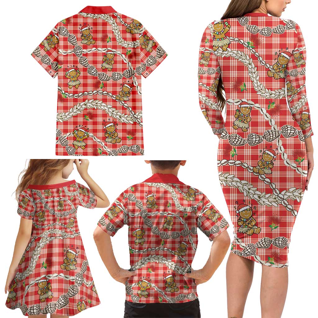 Red Palaka Hawaii Mele Kalikimaka Family Matching Long Sleeve Bodycon Dress and Hawaiian Shirt Ohia Lehua Shell Leis Funny Gingerbread Santa LT14 - Polynesian Pride