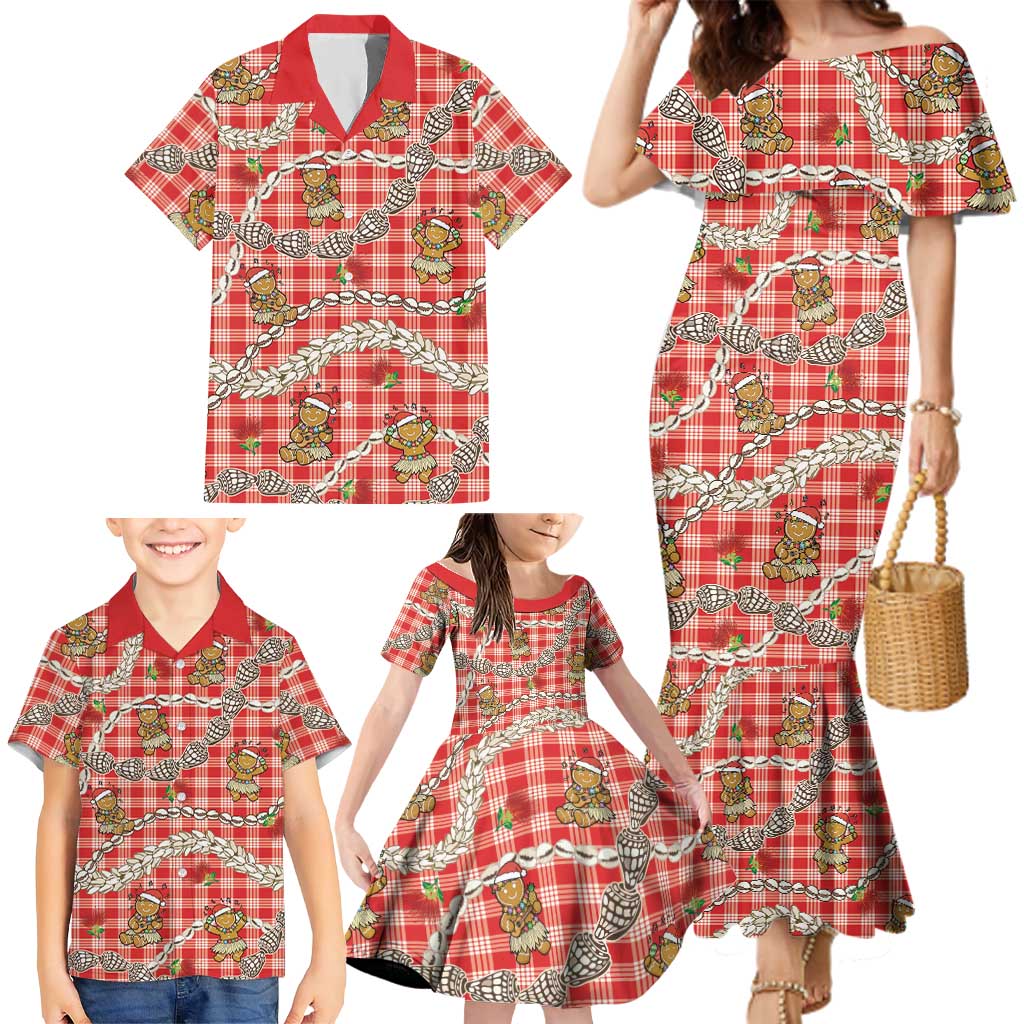Red Palaka Hawaii Mele Kalikimaka Family Matching Mermaid Dress and Hawaiian Shirt Ohia Lehua Shell Leis Funny Gingerbread Santa - Polynesian Pride