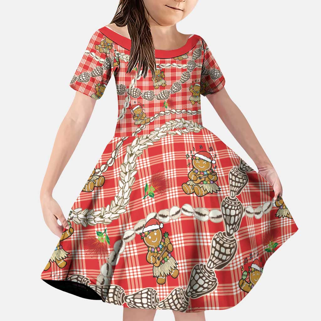 Red Palaka Hawaii Mele Kalikimaka Family Matching Off The Shoulder Long Sleeve Dress and Hawaiian Shirt Ohia Lehua Shell Leis Funny Gingerbread Santa LT14 Daughter's Dress Red - Polynesian Pride
