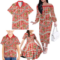 Red Palaka Hawaii Mele Kalikimaka Family Matching Off The Shoulder Long Sleeve Dress and Hawaiian Shirt Ohia Lehua Shell Leis Funny Gingerbread Santa LT14 - Polynesian Pride