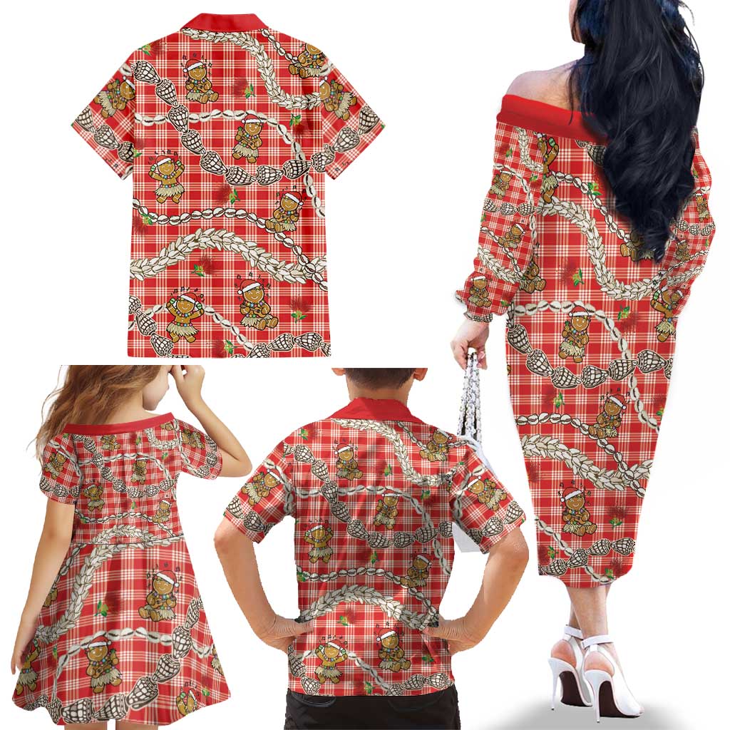 Red Palaka Hawaii Mele Kalikimaka Family Matching Off The Shoulder Long Sleeve Dress and Hawaiian Shirt Ohia Lehua Shell Leis Funny Gingerbread Santa LT14 - Polynesian Pride