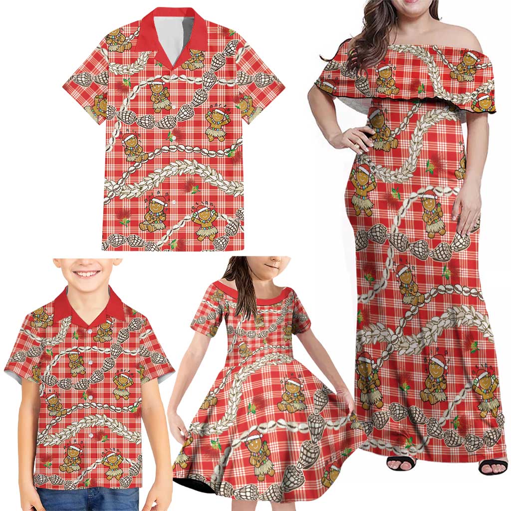 Red Palaka Hawaii Mele Kalikimaka Family Matching Off Shoulder Maxi Dress and Hawaiian Shirt Ohia Lehua Shell Leis Funny Gingerbread Santa LT14 - Polynesian Pride