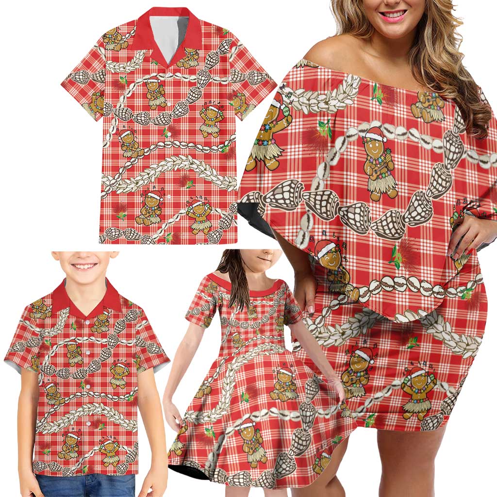 Red Palaka Hawaii Mele Kalikimaka Family Matching Off Shoulder Short Dress and Hawaiian Shirt Ohia Lehua Shell Leis Funny Gingerbread Santa - Polynesian Pride