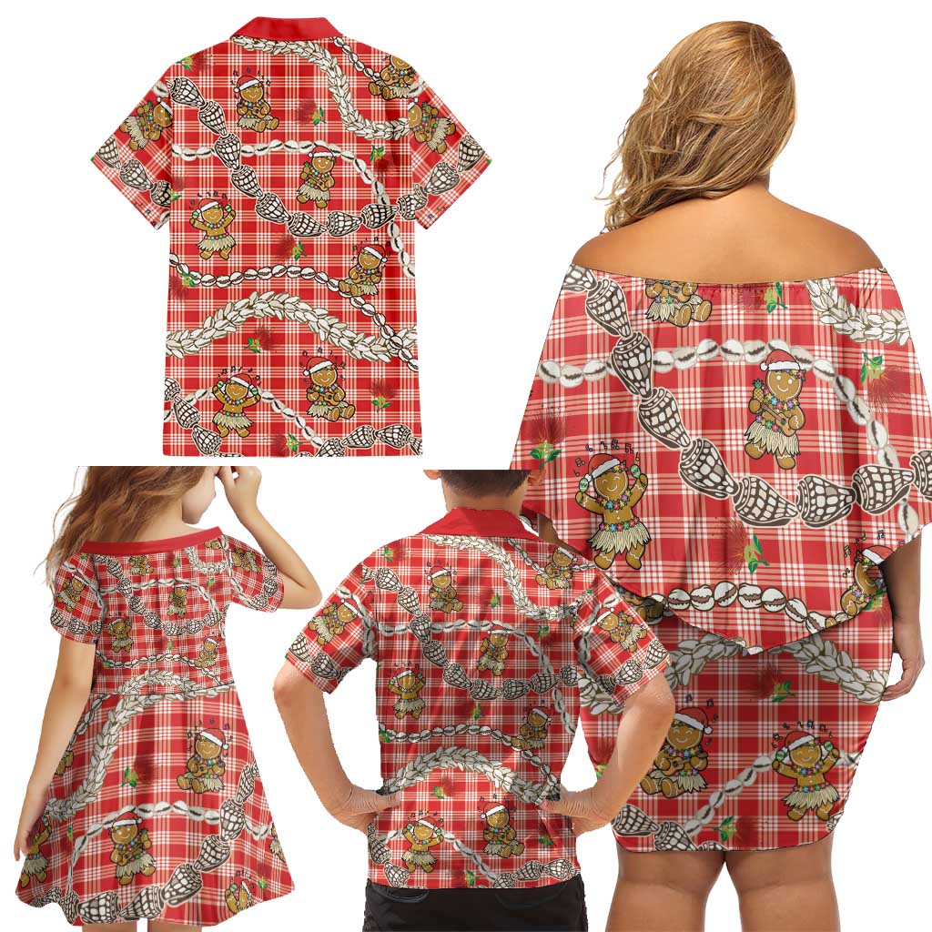 Red Palaka Hawaii Mele Kalikimaka Family Matching Off Shoulder Short Dress and Hawaiian Shirt Ohia Lehua Shell Leis Funny Gingerbread Santa LT14 - Polynesian Pride