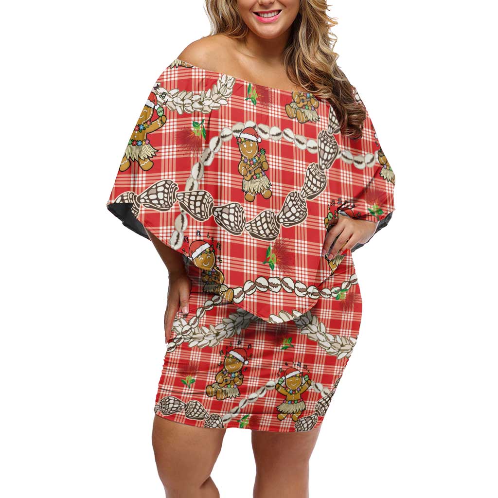 Red Palaka Hawaii Mele Kalikimaka Family Matching Off Shoulder Short Dress and Hawaiian Shirt Ohia Lehua Shell Leis Funny Gingerbread Santa LT14 Red - Polynesian Pride