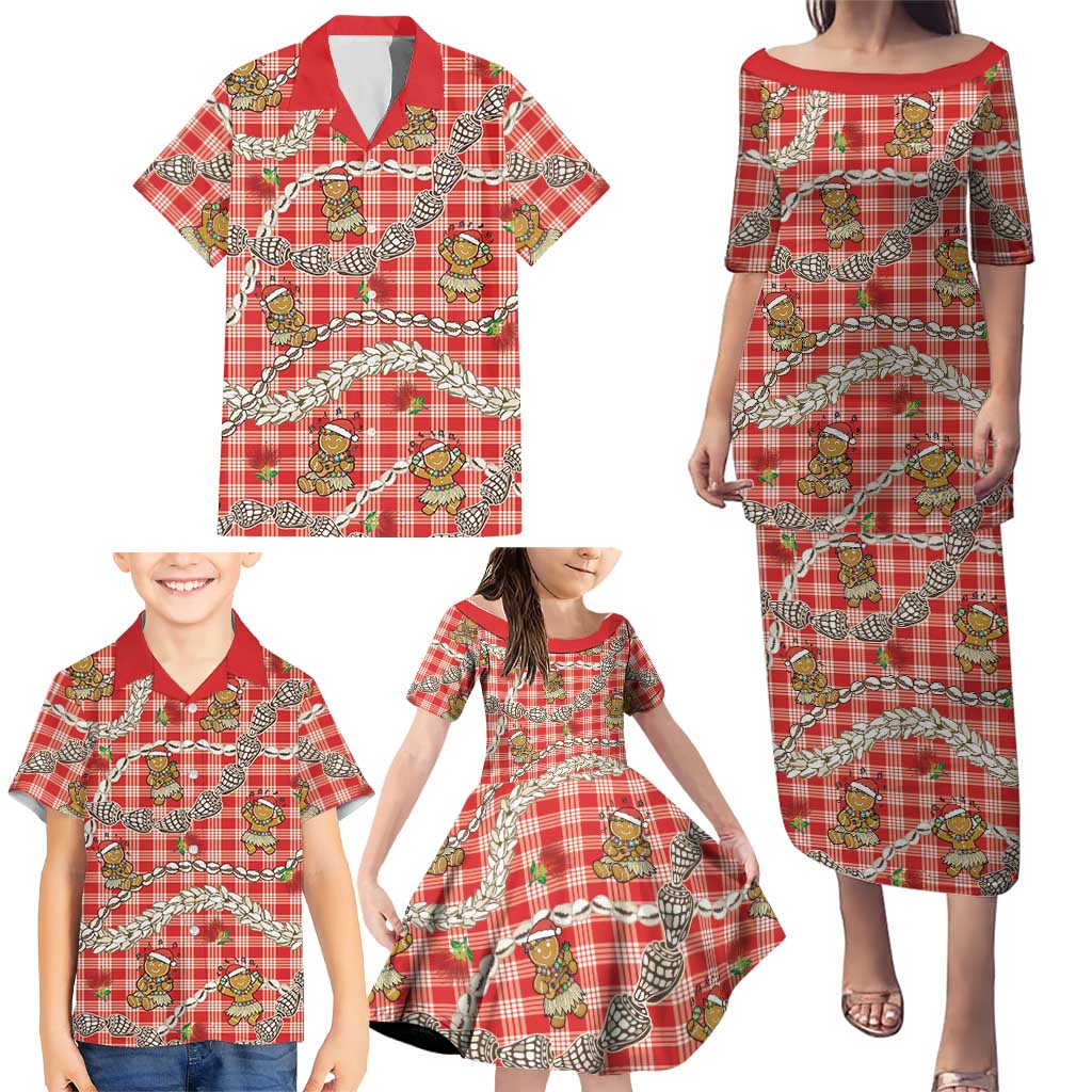 Red Palaka Hawaii Mele Kalikimaka Family Matching Puletasi and Hawaiian Shirt Ohia Lehua Shell Leis Funny Gingerbread Santa - Polynesian Pride