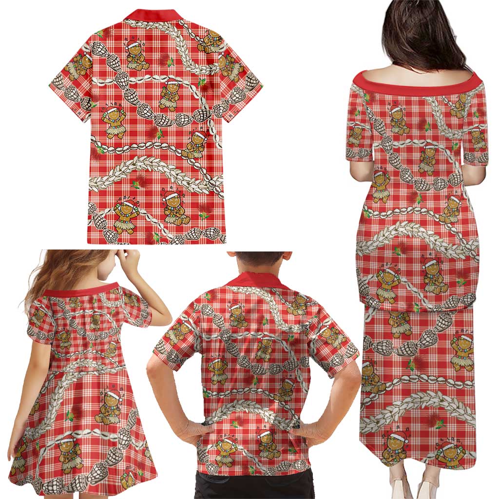 Red Palaka Hawaii Mele Kalikimaka Family Matching Puletasi and Hawaiian Shirt Ohia Lehua Shell Leis Funny Gingerbread Santa LT14 - Polynesian Pride