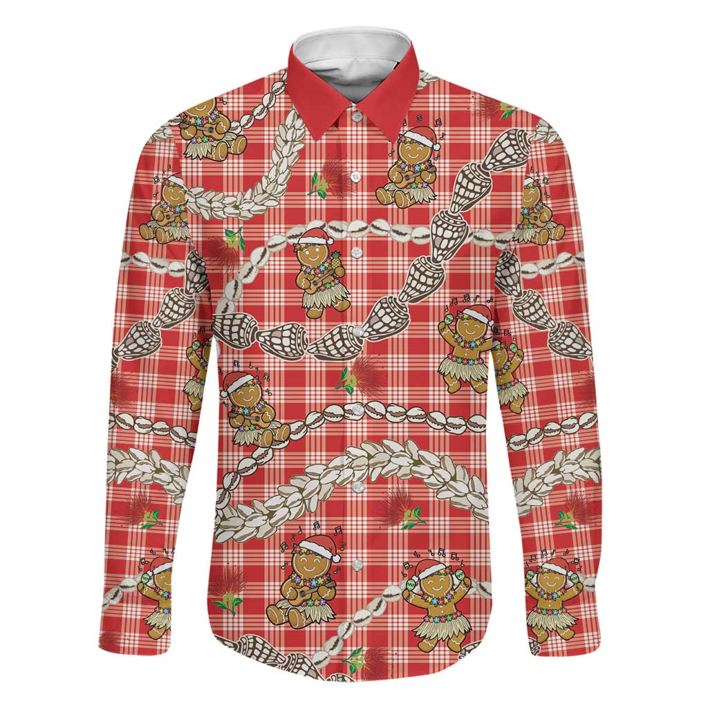 Red Palaka Hawaii Mele Kalikimaka Family Matching Puletasi and Hawaiian Shirt Ohia Lehua Shell Leis Funny Gingerbread Santa LT14 Dad's Shirt - Long Sleeve Red - Polynesian Pride