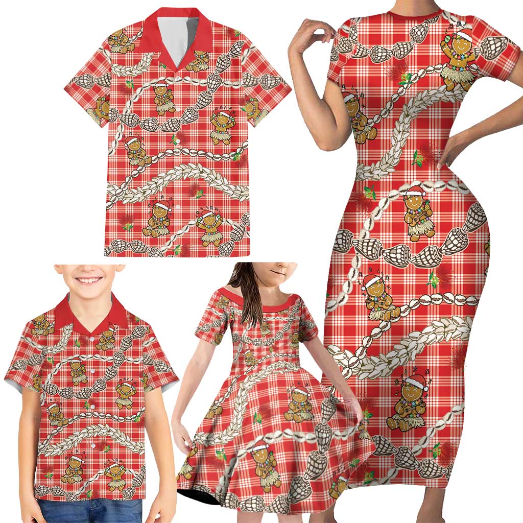 Red Palaka Hawaii Mele Kalikimaka Family Matching Short Sleeve Bodycon Dress and Hawaiian Shirt Ohia Lehua Shell Leis Funny Gingerbread Santa LT14 - Polynesian Pride