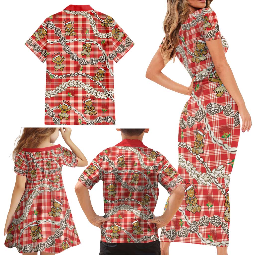 Red Palaka Hawaii Mele Kalikimaka Family Matching Short Sleeve Bodycon Dress and Hawaiian Shirt Ohia Lehua Shell Leis Funny Gingerbread Santa LT14 - Polynesian Pride