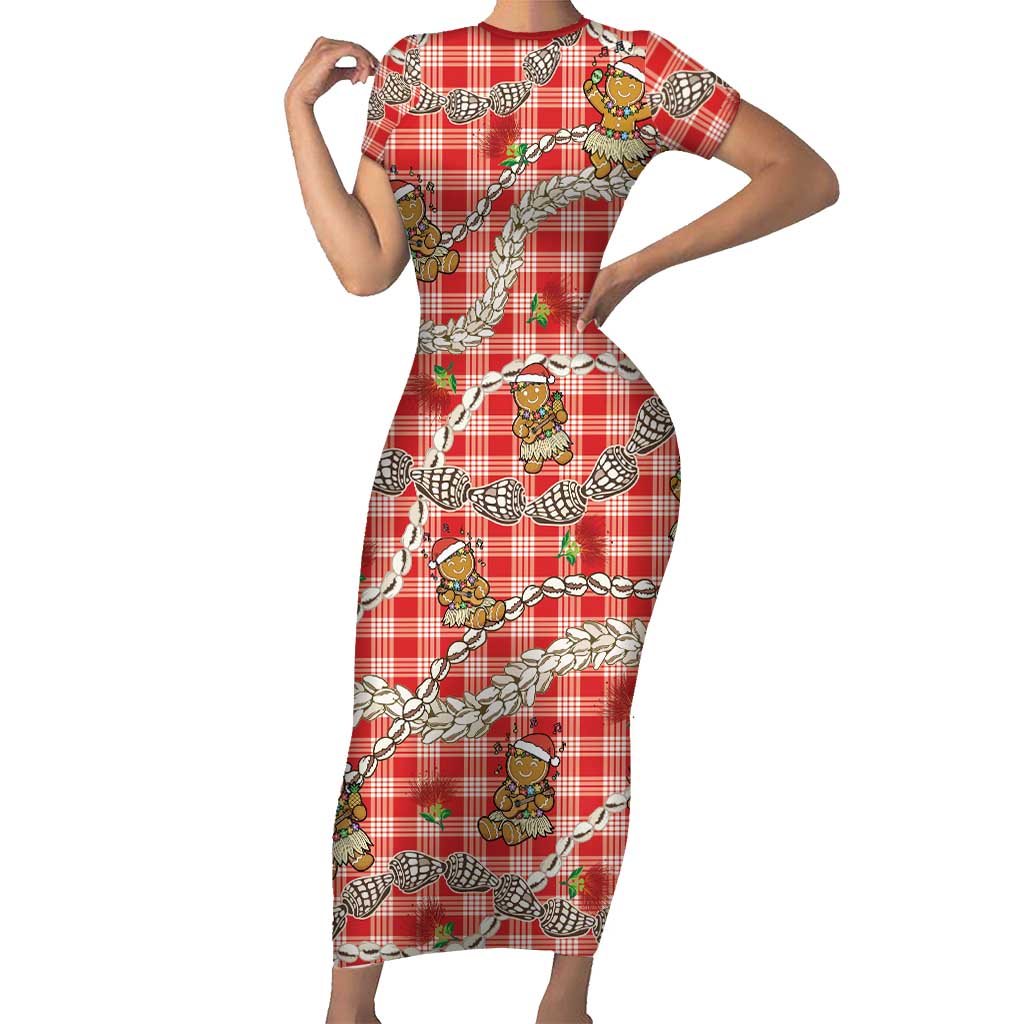 Red Palaka Hawaii Mele Kalikimaka Family Matching Short Sleeve Bodycon Dress and Hawaiian Shirt Ohia Lehua Shell Leis Funny Gingerbread Santa LT14 Red - Polynesian Pride