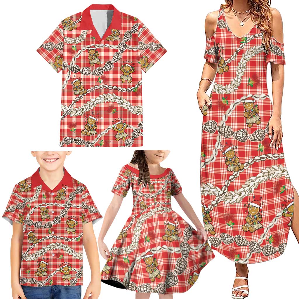 Red Palaka Hawaii Mele Kalikimaka Family Matching Summer Maxi Dress and Hawaiian Shirt Ohia Lehua Shell Leis Funny Gingerbread Santa LT14 - Polynesian Pride