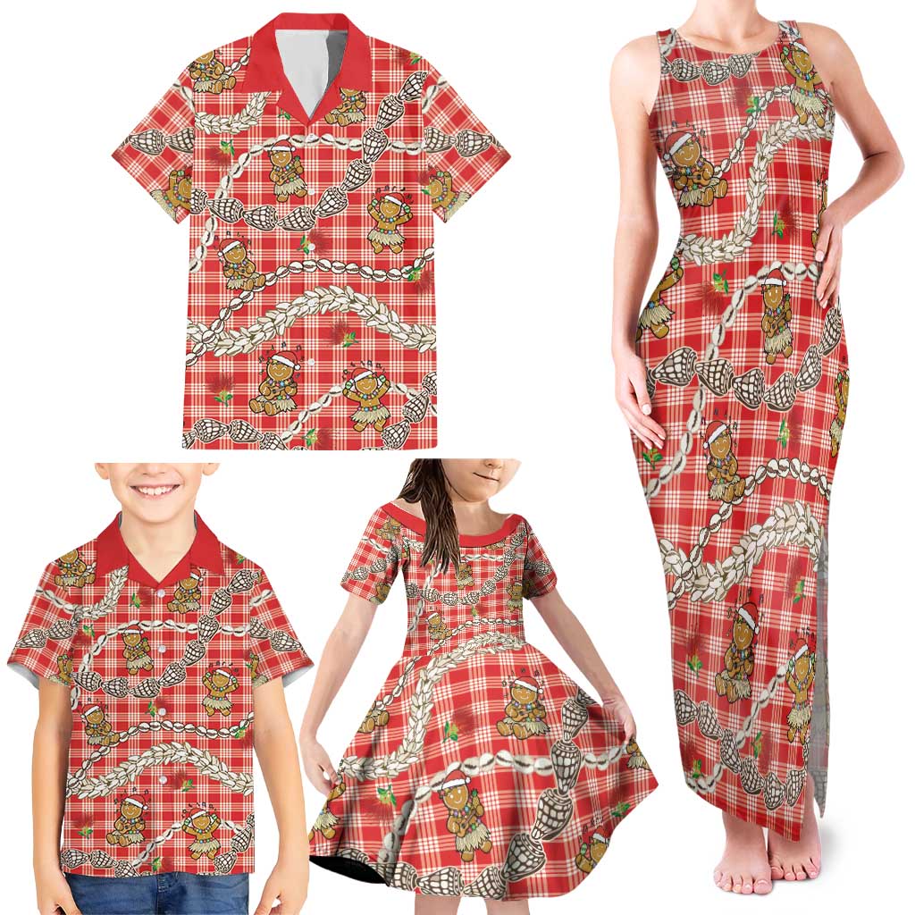 Red Palaka Hawaii Mele Kalikimaka Family Matching Tank Maxi Dress and Hawaiian Shirt Ohia Lehua Shell Leis Funny Gingerbread Santa LT14 - Polynesian Pride