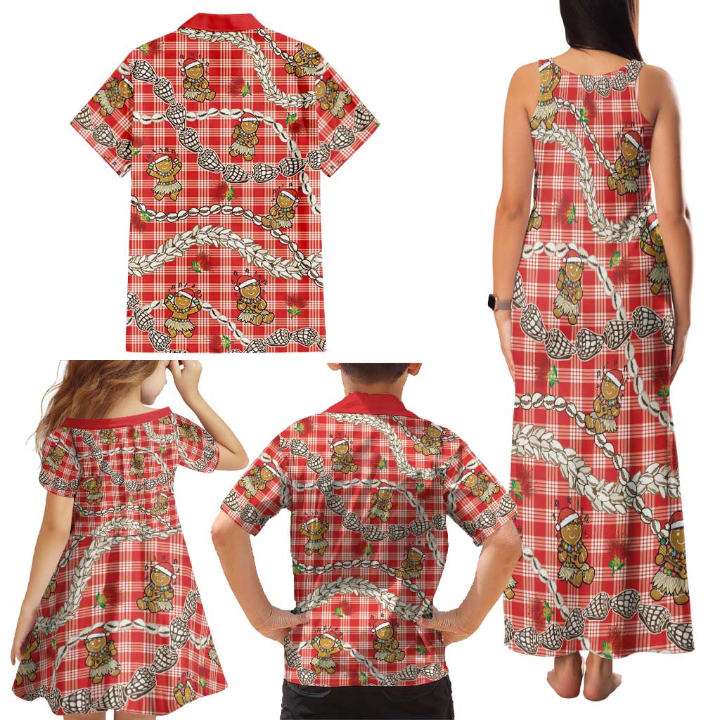 Red Palaka Hawaii Mele Kalikimaka Family Matching Tank Maxi Dress and Hawaiian Shirt Ohia Lehua Shell Leis Funny Gingerbread Santa LT14 - Polynesian Pride