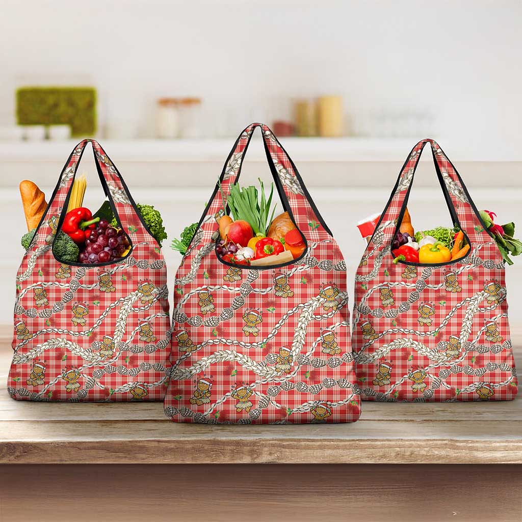 Red Palaka Hawaii Mele Kalikimaka Grocery Bag Ohia Lehua Shell Leis Funny Gingerbread Santa - Polynesian Pride