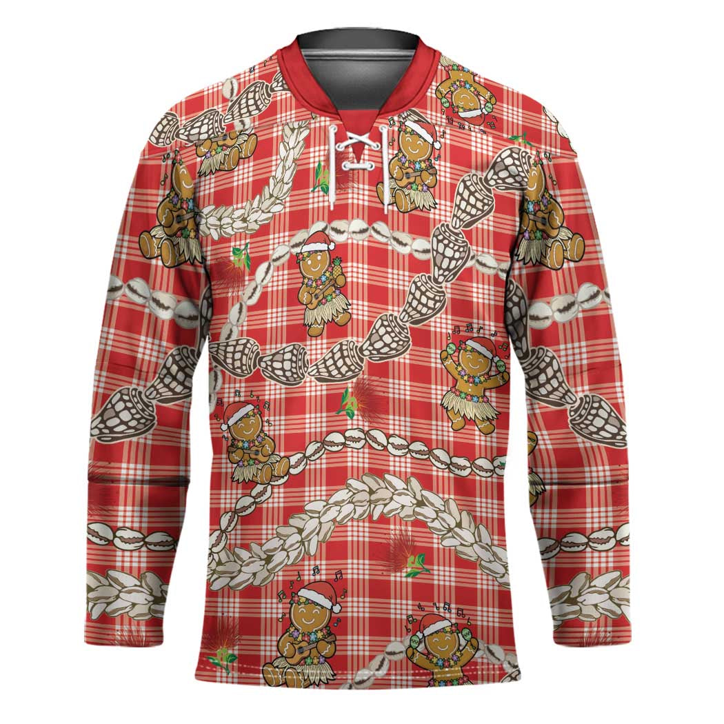 Red Palaka Hawaii Mele Kalikimaka Hockey Jersey Ohia Lehua Shell Leis Funny Gingerbread Santa - Polynesian Pride