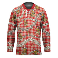 Red Palaka Hawaii Mele Kalikimaka Hockey Jersey Ohia Lehua Shell Leis Funny Gingerbread Santa - Polynesian Pride
