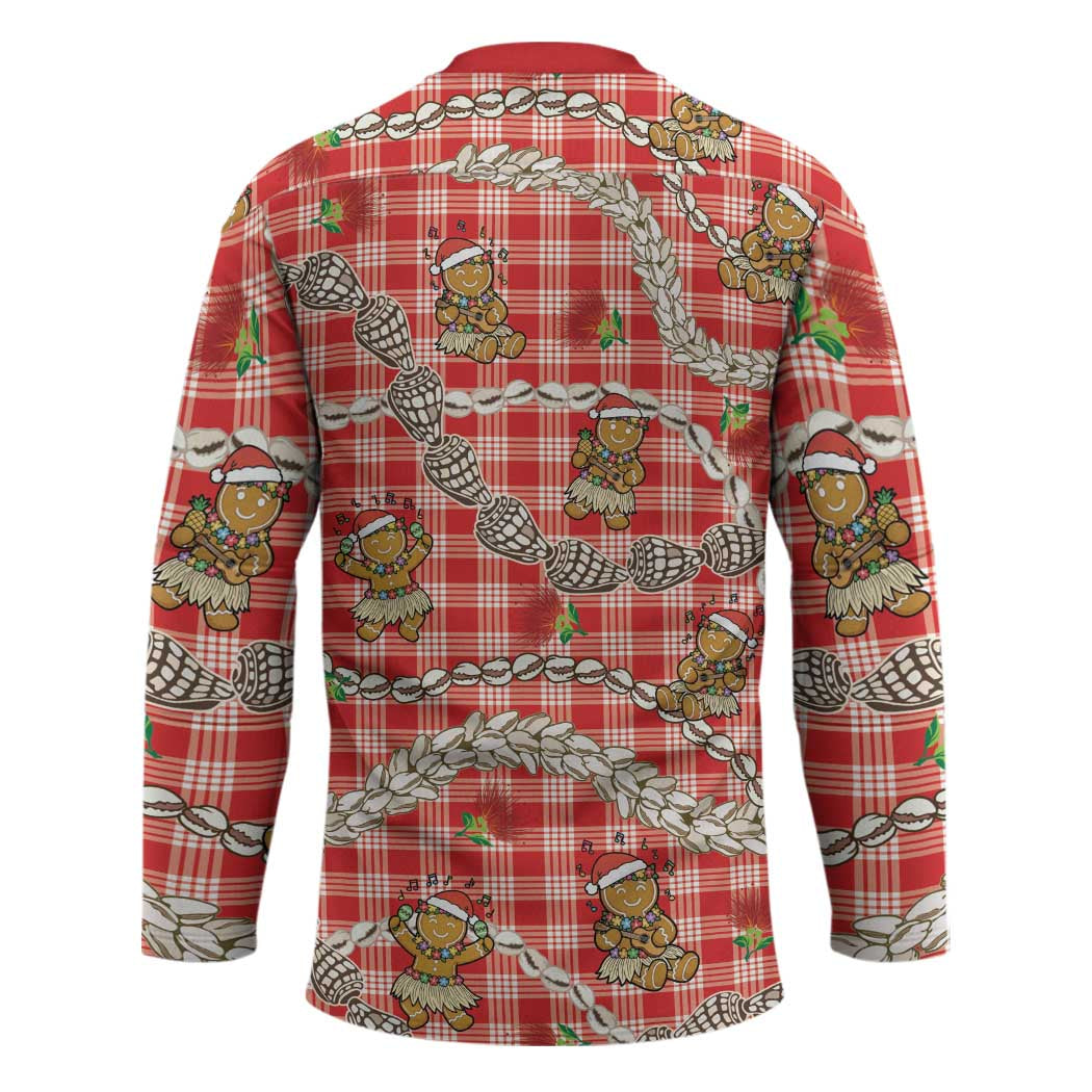 Red Palaka Hawaii Mele Kalikimaka Hockey Jersey Ohia Lehua Shell Leis Funny Gingerbread Santa - Polynesian Pride