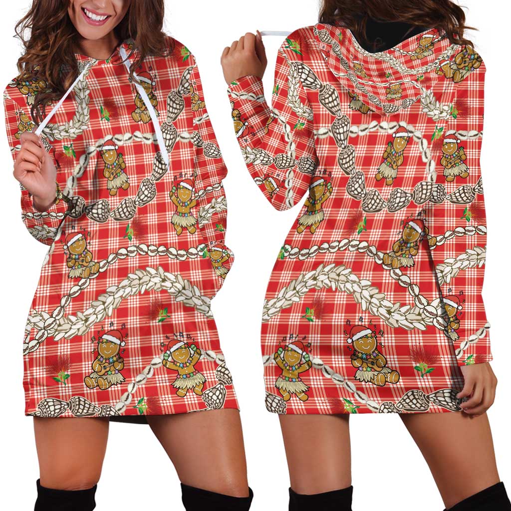 Red Palaka Hawaii Mele Kalikimaka Hoodie Dress Ohia Lehua Shell Leis Funny Gingerbread Santa - Polynesian Pride
