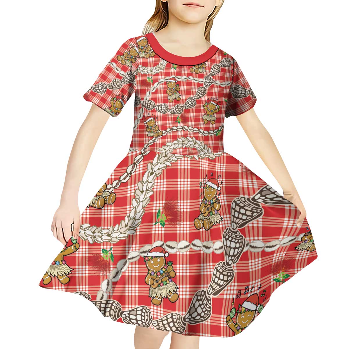 Red Palaka Hawaii Mele Kalikimaka Kid Short Sleeve Dress Ohia Lehua Shell Leis Funny Gingerbread Santa - Polynesian Pride