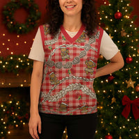 Red Palaka Hawaii Mele Kalikimaka Christmas Knitted V-Neck Vest Ohia Lehua Shell Leis Funny Gingerbread Santa - Polynesian Pride