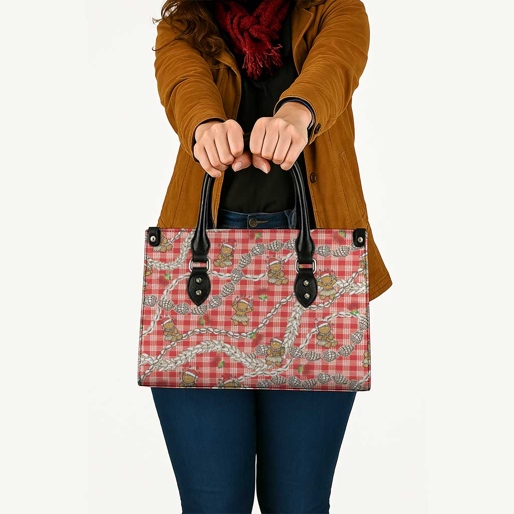 Red Palaka Hawaii Mele Kalikimaka Leather Bag Ohia Lehua Shell Leis Funny Gingerbread Santa - Polynesian Pride