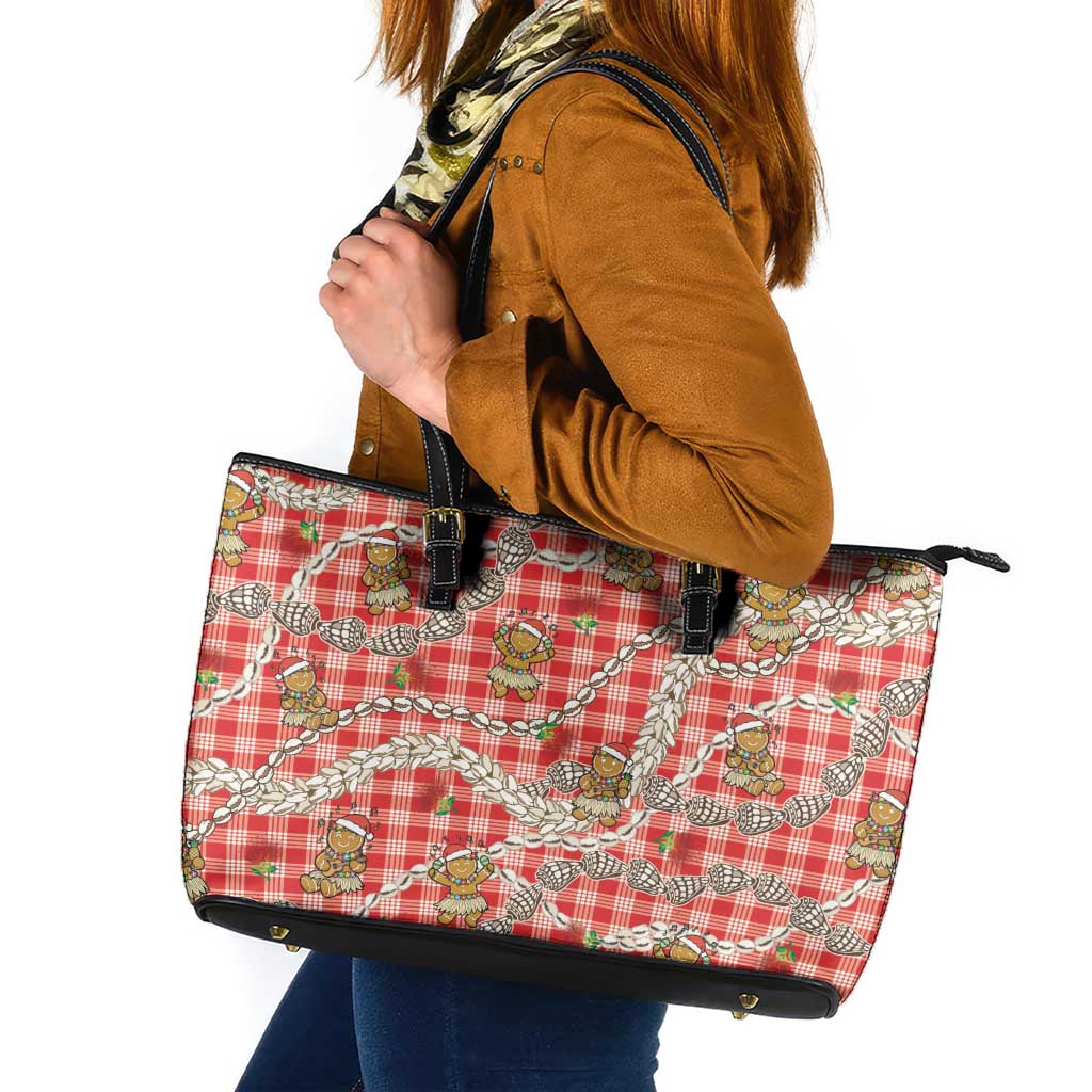 Red Palaka Hawaii Mele Kalikimaka Leather Tote Bag Ohia Lehua Shell Leis Funny Gingerbread Santa - Polynesian Pride