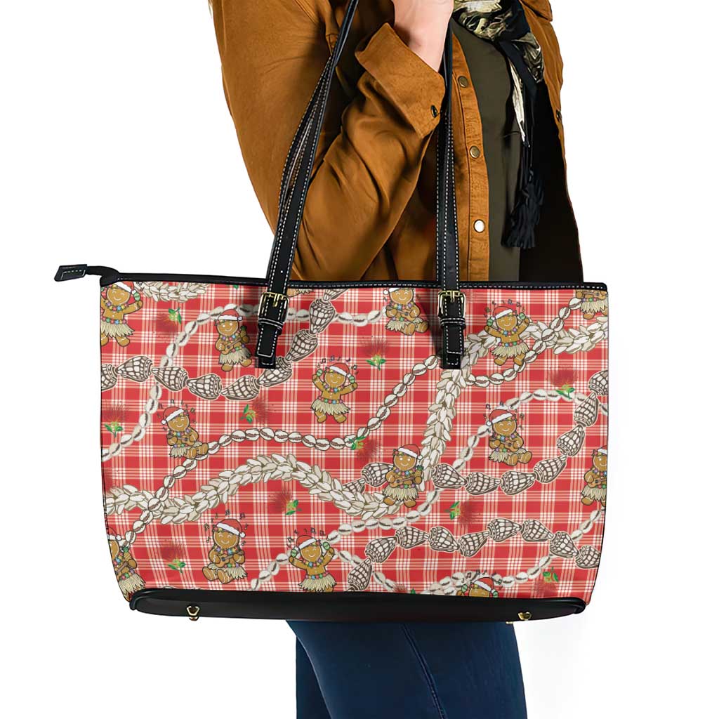 Red Palaka Hawaii Mele Kalikimaka Leather Tote Bag Ohia Lehua Shell Leis Funny Gingerbread Santa LT14 - Polynesian Pride
