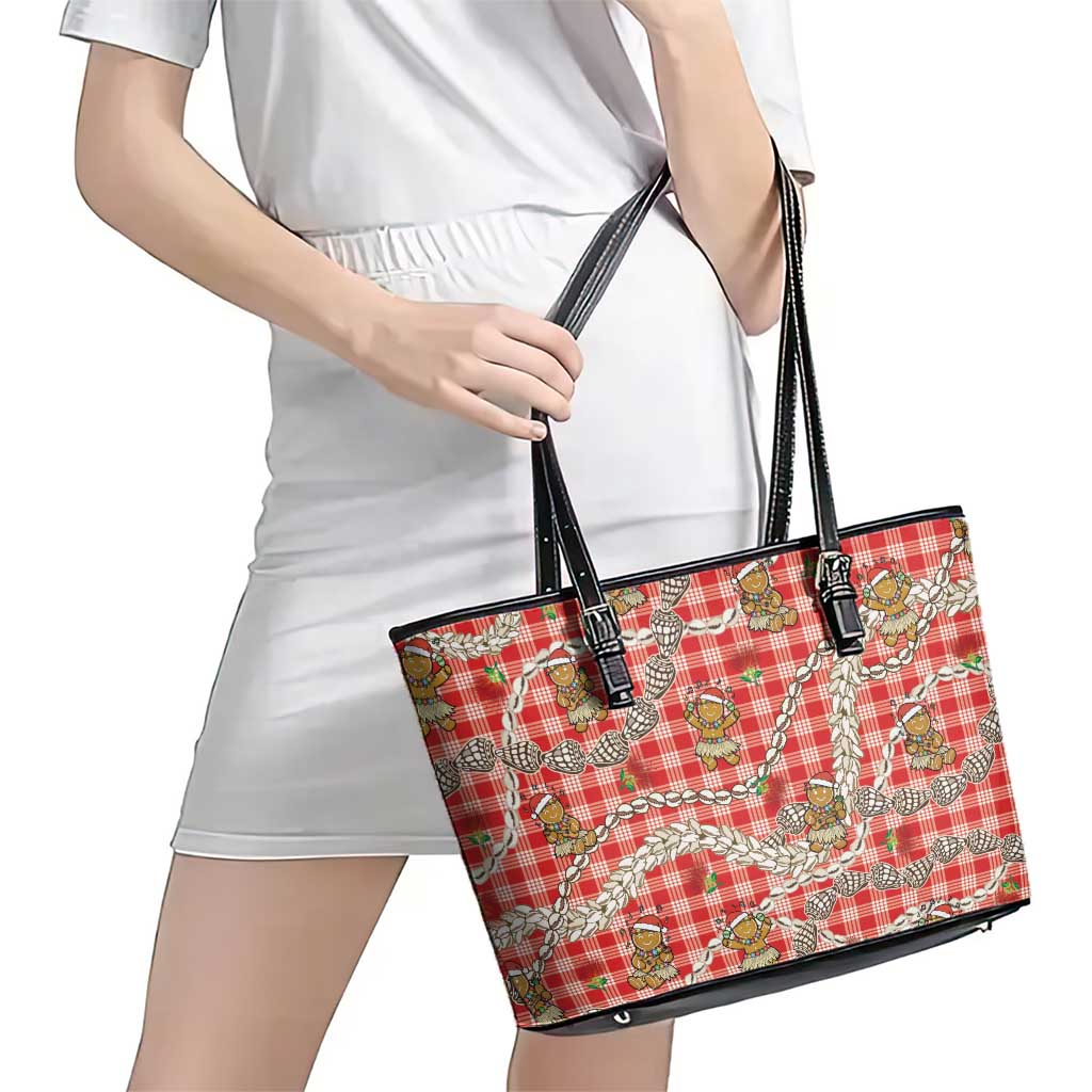 Red Palaka Hawaii Mele Kalikimaka Leather Tote Bag Ohia Lehua Shell Leis Funny Gingerbread Santa LT14 - Polynesian Pride