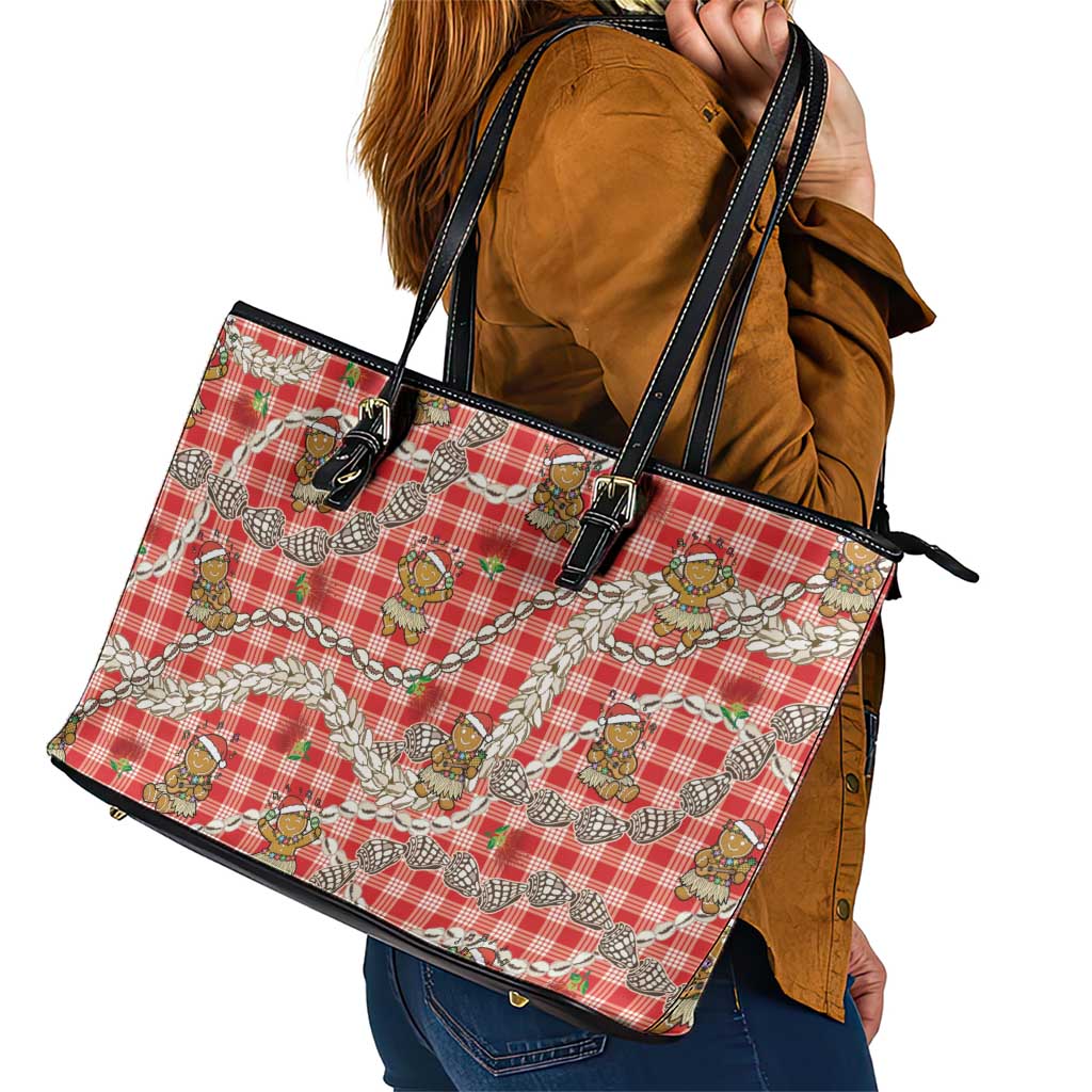 Red Palaka Hawaii Mele Kalikimaka Leather Tote Bag Ohia Lehua Shell Leis Funny Gingerbread Santa LT14 - Polynesian Pride