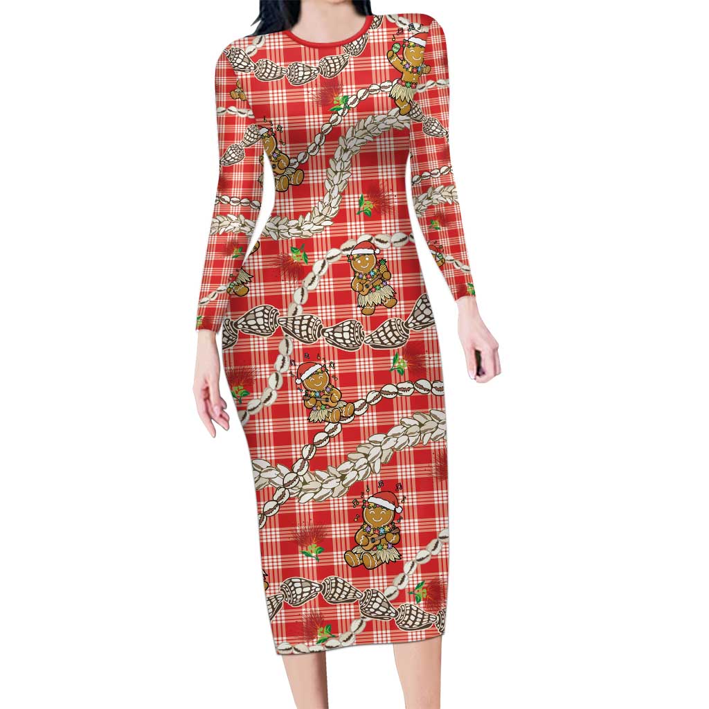 Red Palaka Hawaii Mele Kalikimaka Long Sleeve Bodycon Dress Ohia Lehua Shell Leis Funny Gingerbread Santa - Polynesian Pride
