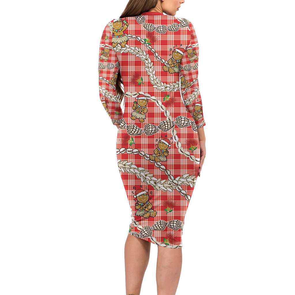 Red Palaka Hawaii Mele Kalikimaka Long Sleeve Bodycon Dress Ohia Lehua Shell Leis Funny Gingerbread Santa - Polynesian Pride