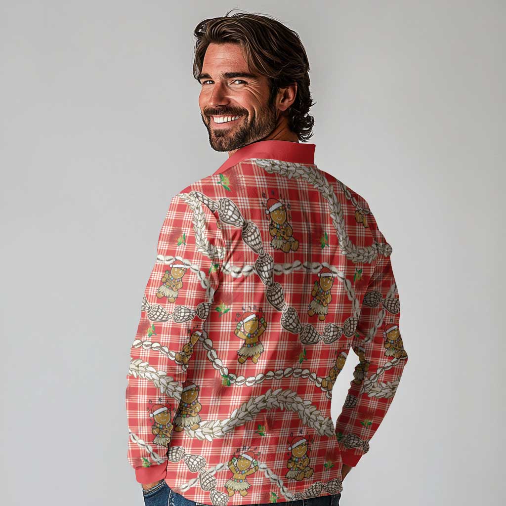Red Palaka Hawaii Mele Kalikimaka Long Sleeve Polo Shirt Ohia Lehua Shell Leis Funny Gingerbread Santa - Polynesian Pride