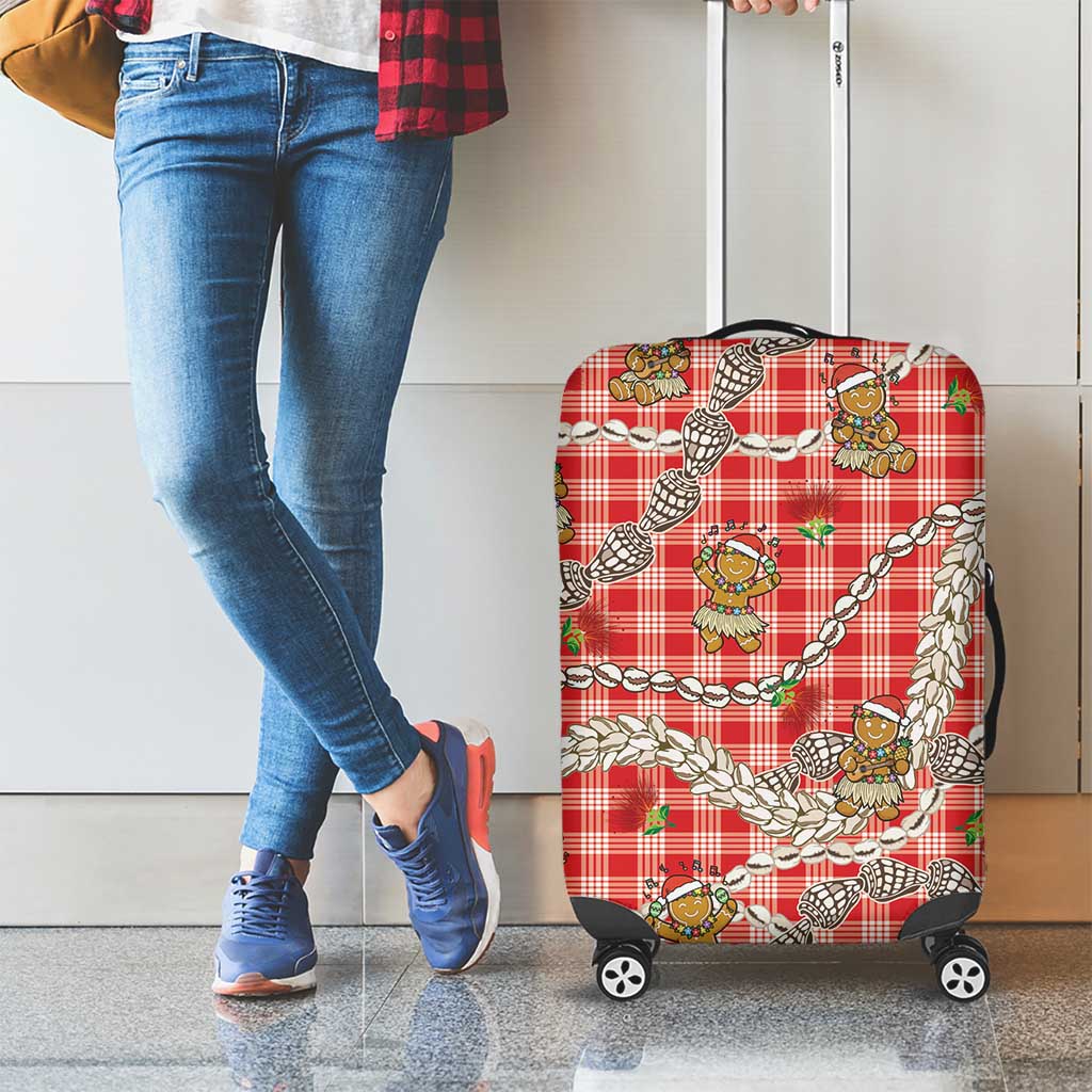 Red Palaka Hawaii Mele Kalikimaka Luggage Cover Ohia Lehua Shell Leis Funny Gingerbread Santa - Polynesian Pride