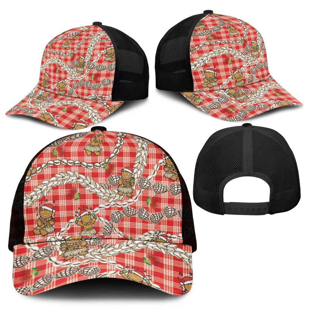 Red Palaka Hawaii Mele Kalikimaka Mesh Trucker Cap Ohia Lehua Shell Leis Funny Gingerbread Santa - Polynesian Pride