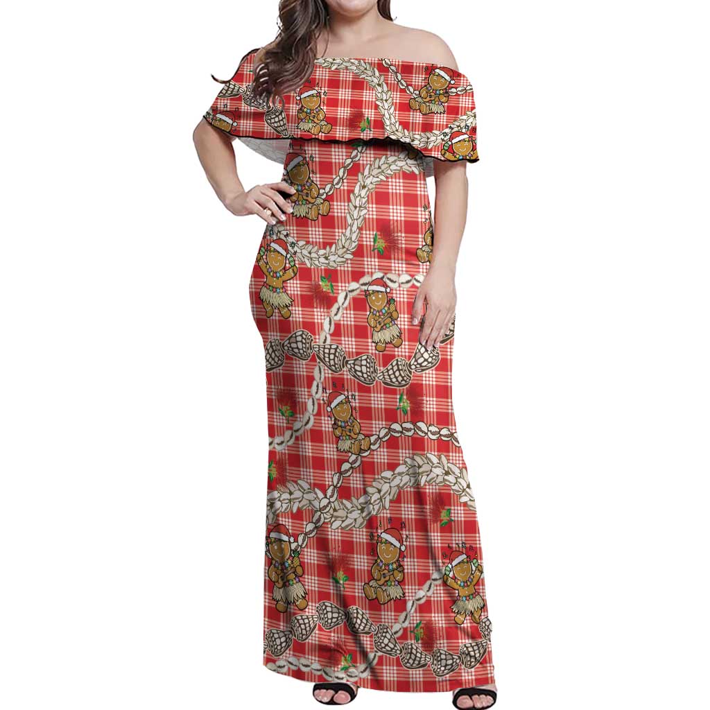 Red Palaka Hawaii Mele Kalikimaka Off Shoulder Maxi Dress Ohia Lehua Shell Leis Funny Gingerbread Santa - Polynesian Pride