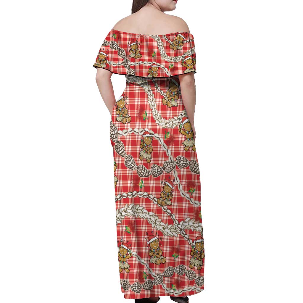 Red Palaka Hawaii Mele Kalikimaka Off Shoulder Maxi Dress Ohia Lehua Shell Leis Funny Gingerbread Santa - Polynesian Pride
