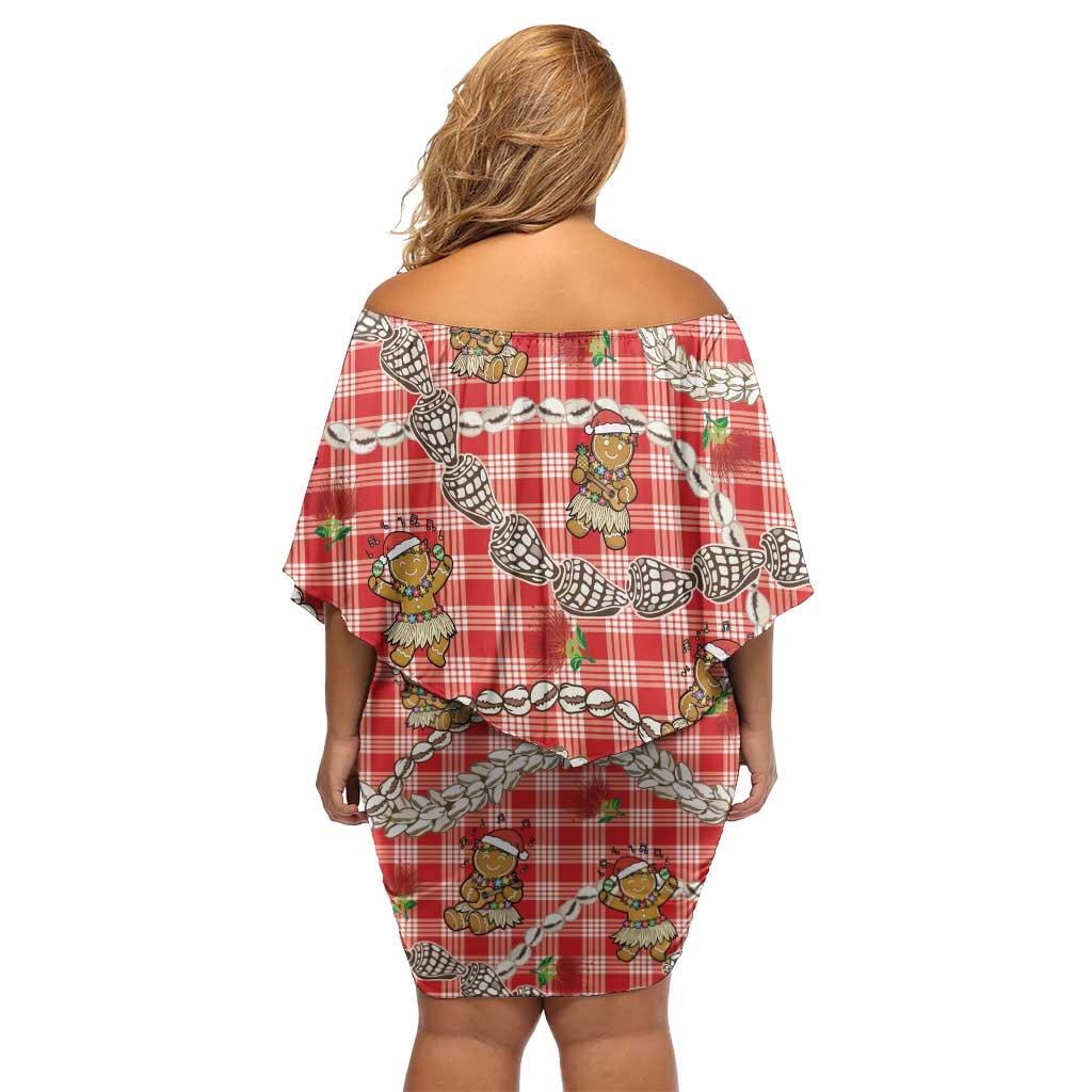 Red Palaka Hawaii Mele Kalikimaka Off Shoulder Short Dress Ohia Lehua Shell Leis Funny Gingerbread Santa - Polynesian Pride