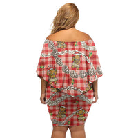 Red Palaka Hawaii Mele Kalikimaka Off Shoulder Short Dress Ohia Lehua Shell Leis Funny Gingerbread Santa - Polynesian Pride