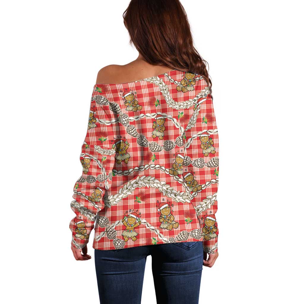 Red Palaka Hawaii Mele Kalikimaka Off Shoulder Sweater Ohia Lehua Shell Leis Funny Gingerbread Santa - Polynesian Pride
